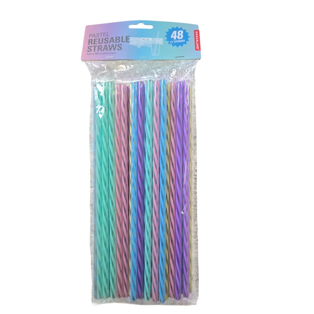 Kikkerland Reusable Straws Unisex 11in Pastel New 48 Pack Spiral Stripe Plastic